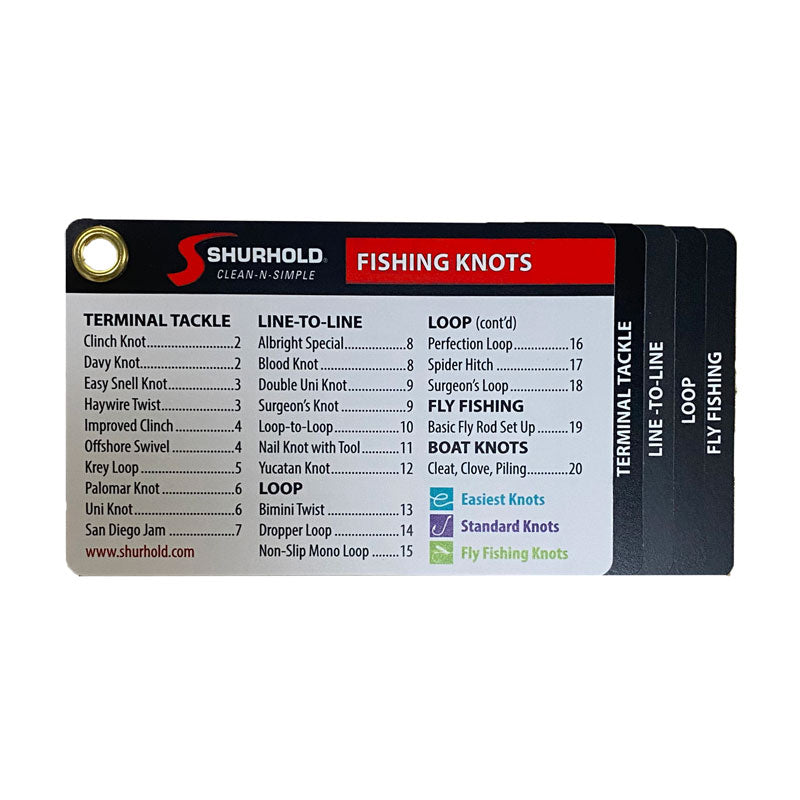 The Shurhold Industries Boating & Fishing Knot Waterproof Pocket Guide features color-coded, waterproof cards with essential knots—organized by terminal tackle, line-to-line, loop, and fly fishing—with page numbers. Perfect for all skill levels.