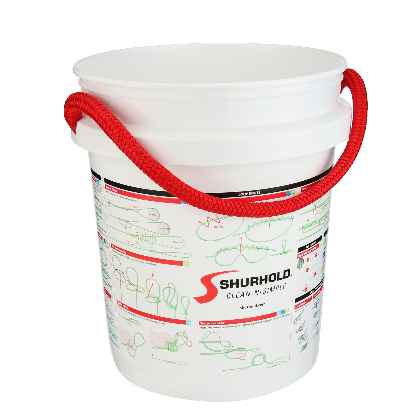 The Shurhold Industries Fishing and Boating Knots Bucket features a red rope handle and printed instructions with fishing knot diagrams—ideal for your next fishing adventure.