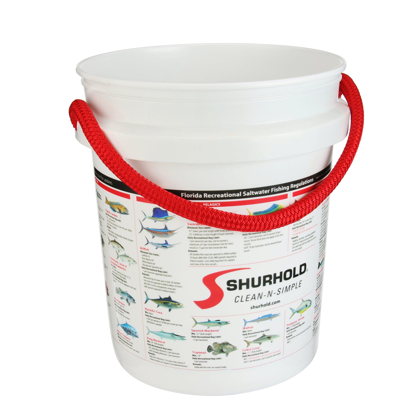 The Shurhold Industries Florida Fishing Regulations Bucket is a white plastic pail with a red handle, displaying fish illustrations and key Florida fishing rules to help anglers follow proper harvesting regulations.