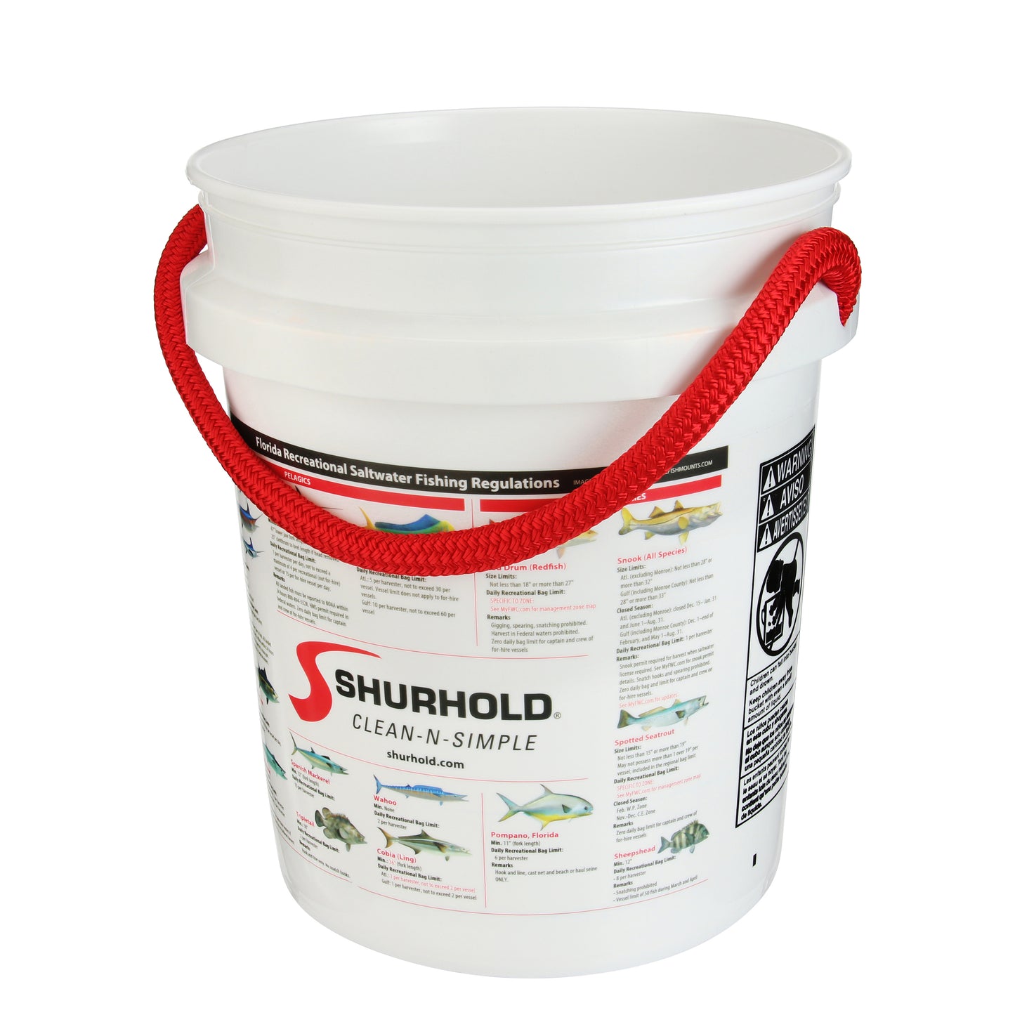 The Shurhold Industries, Inc. Florida Fishing Regulations Bucket features a red rope handle and printed rules—an essential white plastic bucket for anglers wanting to stay compliant on the water.