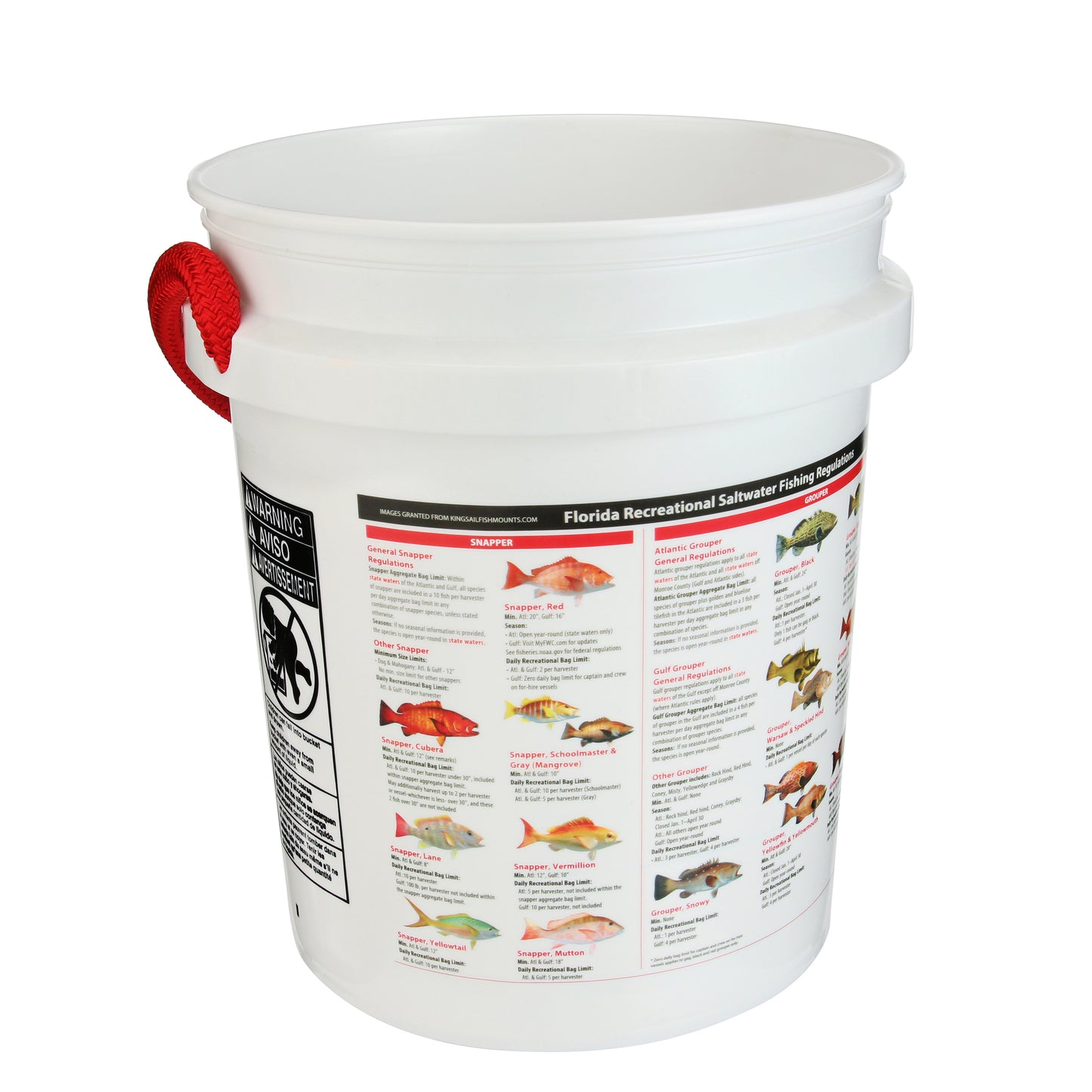 The Shurhold Industries Florida Fishing Regulations Bucket is a white plastic bucket with a red handle, featuring a side guide of saltwater fish species and Florida Fishing Regulations—ideal for anglers.