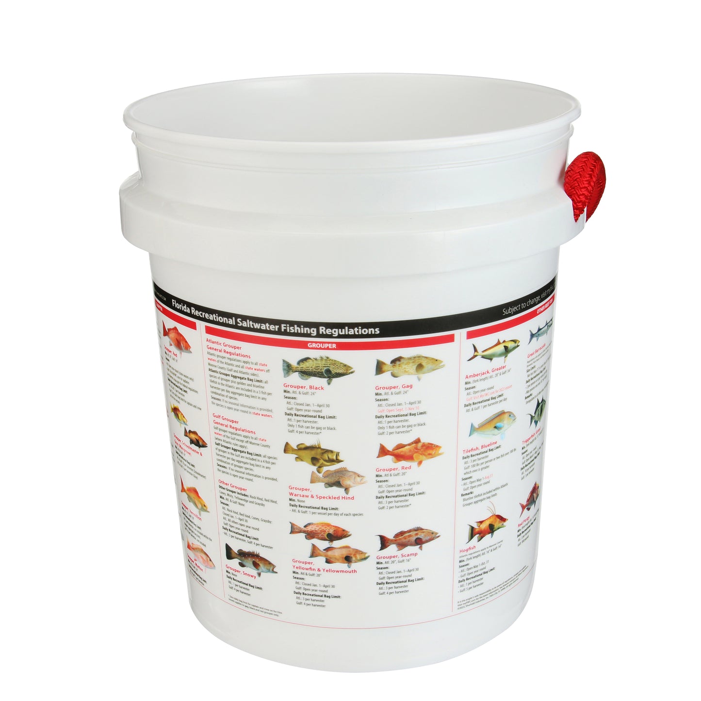 The Shurhold Industries Florida Fishing Regulations Bucket is a white plastic bucket with printed saltwater fish species and Florida regulations on the exterior—ideal for anglers needing quick access to harvesting rules.