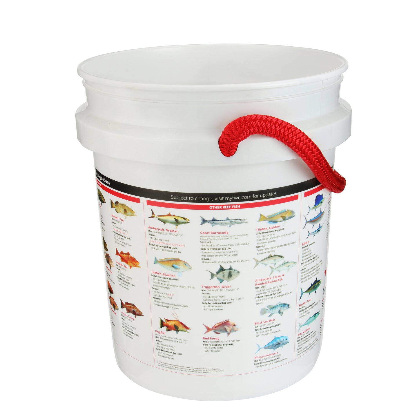 The Shurhold Industries, Inc. Florida Fishing Regulations Bucket is a white plastic pail with a red handle featuring fish species images and names—perfect for anglers to reference Florida rules while fishing.