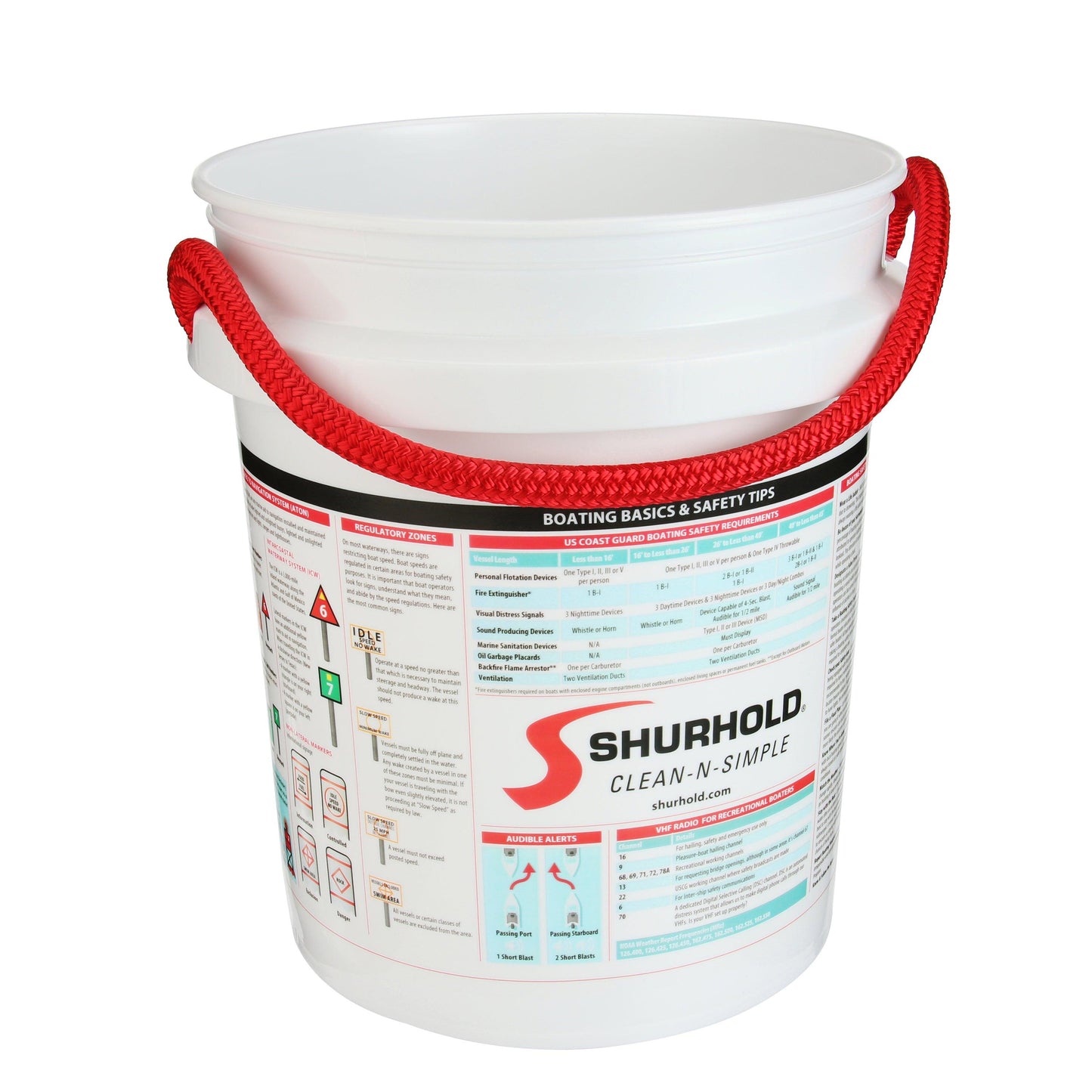 The Shurhold Industries, Inc. Boater Knowledge and Safety Info Bucket is a durable bucket with a red rope handle, featuring the Shurhold logo plus printed boating regulations and essential safety tips on the side.