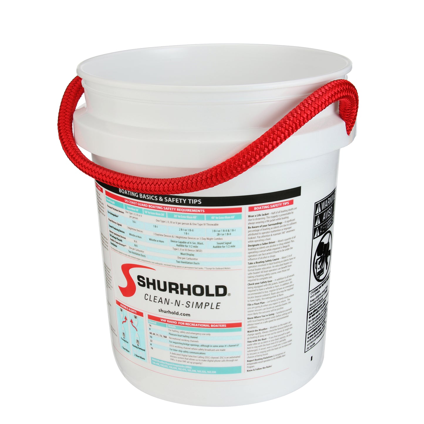 The Boater Knowledge and Safety Info Bucket by Shurhold Industries, Inc. is a durable white plastic bucket with a red rope handle and safety info printed on the side—ideal for boating needs.