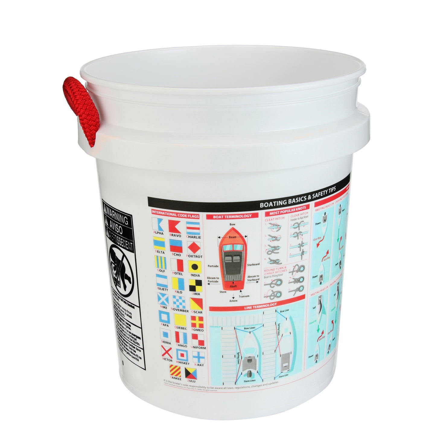 The Shurhold Industries Boater Knowledge and Safety Info Bucket is a durable white plastic bucket with a red handle, featuring boating regulations, navigation flags, and key safety tips printed on the side.