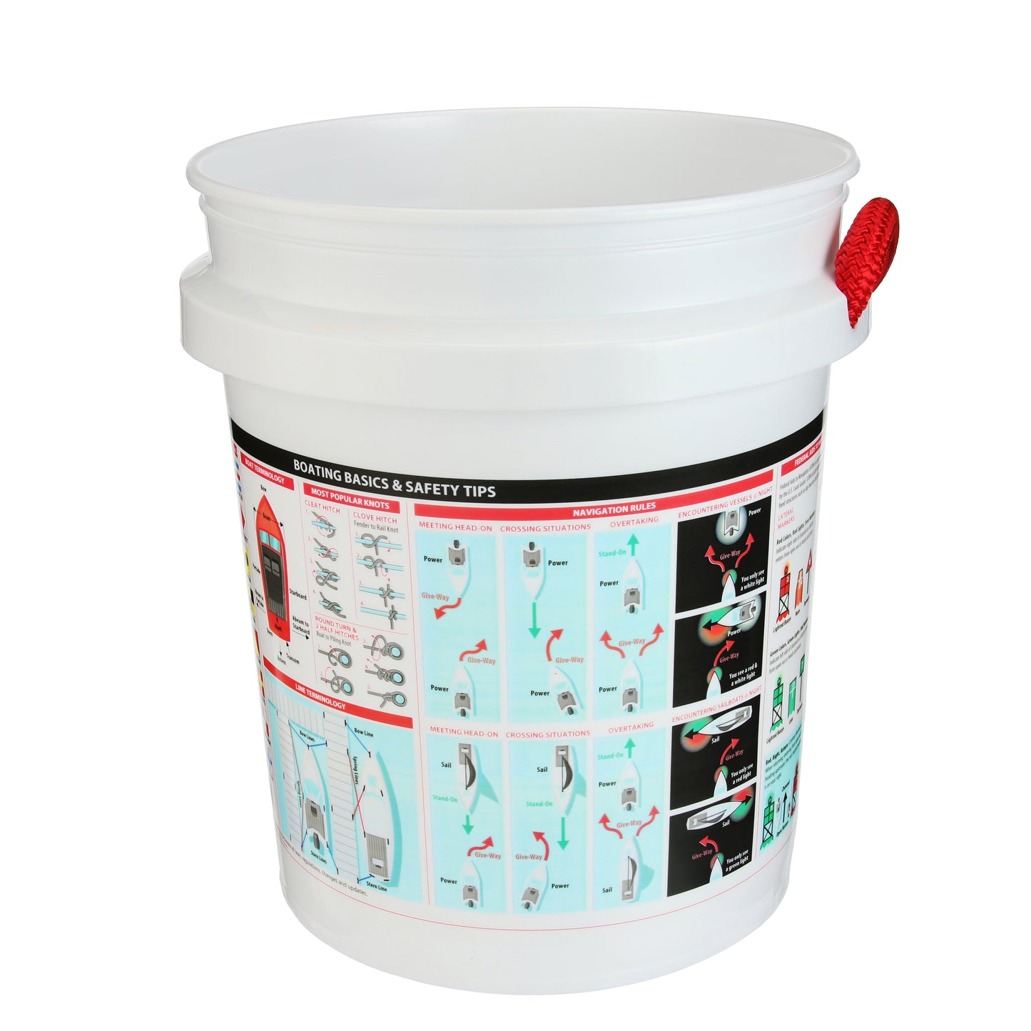 The Shurhold Industries Boater Knowledge and Safety Info Bucket is a white, durable bucket with a red handle featuring boating basics, safety tips, and regulations in clear diagrams and text on its exterior.