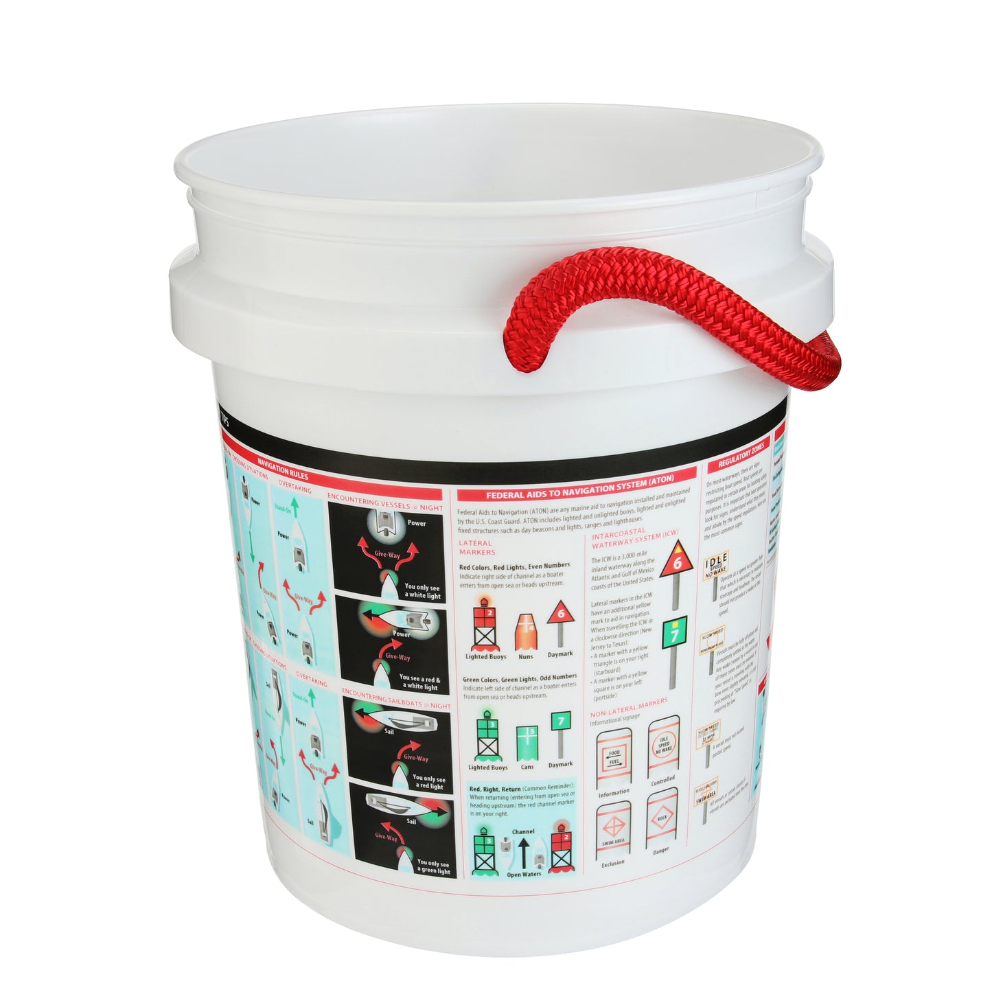 The Boater Knowledge and Safety Info Bucket by Shurhold Industries, Inc. is a durable white plastic bucket with a red rope handle and side labels displaying diagrams, safety tips, and warnings.