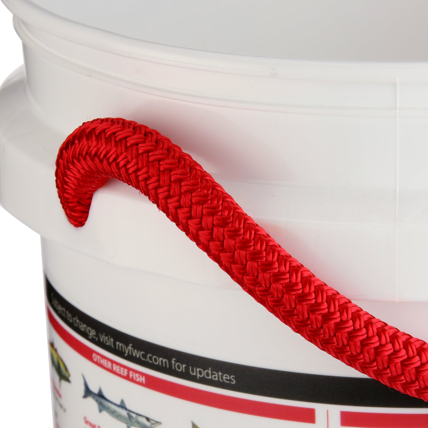 The Shurhold Industries, Inc. Florida Fishing Regulations Bucket features a red braided rope handle and a label with fish images and key Florida fishing rules—an ideal choice for any angler.