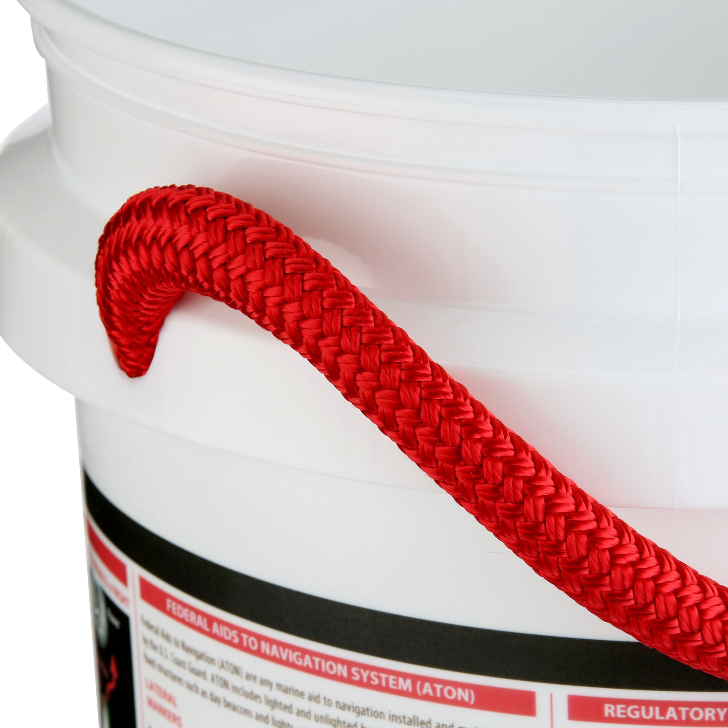 The Boater Knowledge and Safety Info Bucket by Shurhold Industries, Inc. features a white plastic body and red braided rope handle—ideal for following boating regulations and water safety tips.