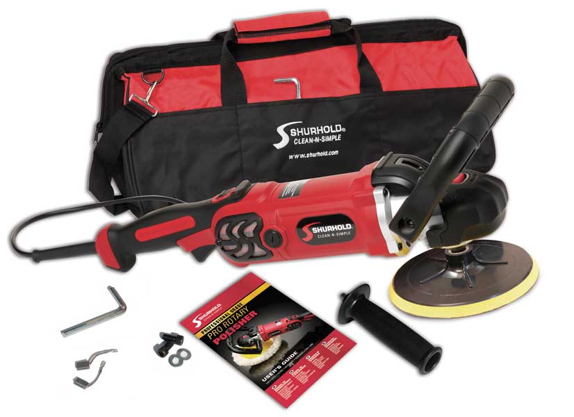 The Shurhold Industries Pro Rotary Polisher Max Pack in red and black, shown with handle, wrench, manual, and matching bag, is perfect for use with Buff Magic Compound or Pro Polish Sealant.