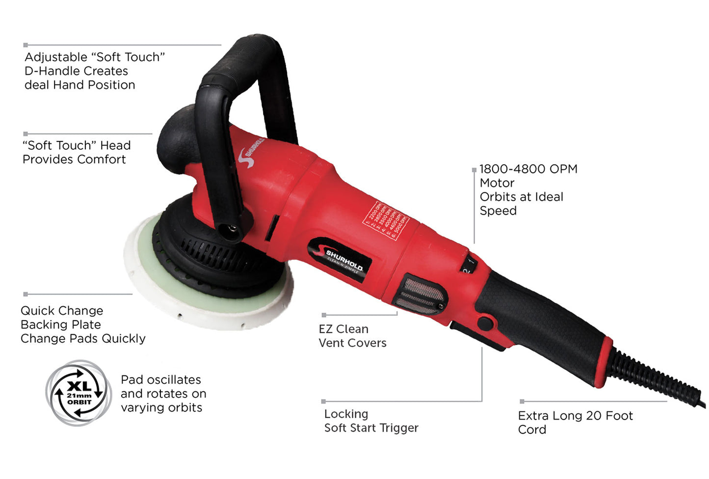 The Shurhold Dual Action Polisher Pro Max Pack features an adjustable handle, soft touch head, quick change plate, EZ clean vents, long power cord, and variable speed—ideal for Pro Polish or Buff Magic applications.