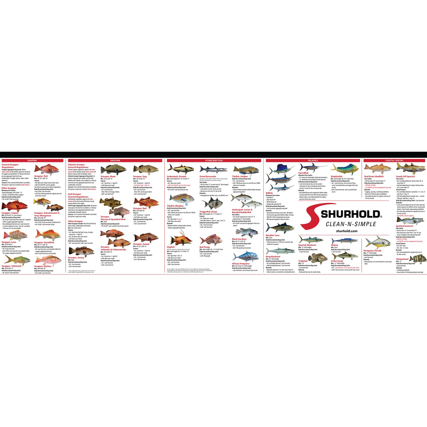 The Florida Fishing Regulations Bucket by Shurhold Industries, Inc. features a fish ID chart with illustrations, species details, and the CLEAN-N-SIMPLE slogan—ideal for anglers to reference Florida regulations and proper harvesting.