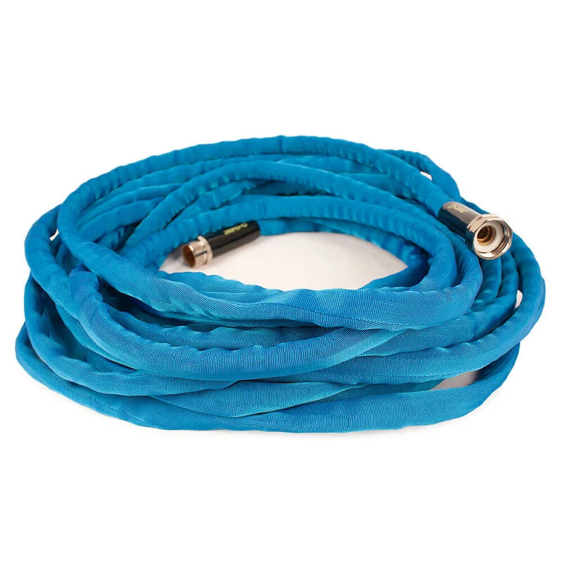 The Shurhold Industries, Inc. 50 ft Zero-G RV & Marine Hose features a coiled blue fabric cover and metal connectors at both ends. Lightweight and durable, it’s perfect for garden, RV, and marine use. Displayed on a white background.
