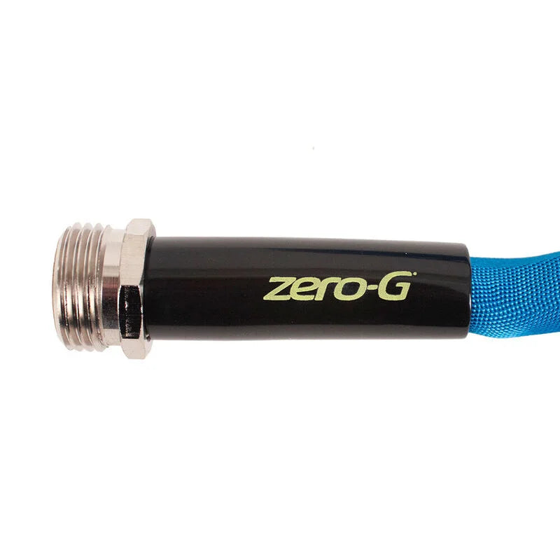 Close-up of a 25 ft Zero-G RV & Marine Hose by Shurhold Industries, Inc. in blue, with metal connector and zero-G branding, featuring a drinking water safe, collapsible design for easy storage.
