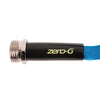 Close-up of a blue 50 ft Zero-G RV & Marine Hose by Shurhold Industries, Inc., with metallic connector and zero-G text on the black end; this lightweight, durable hose ensures easy handling.