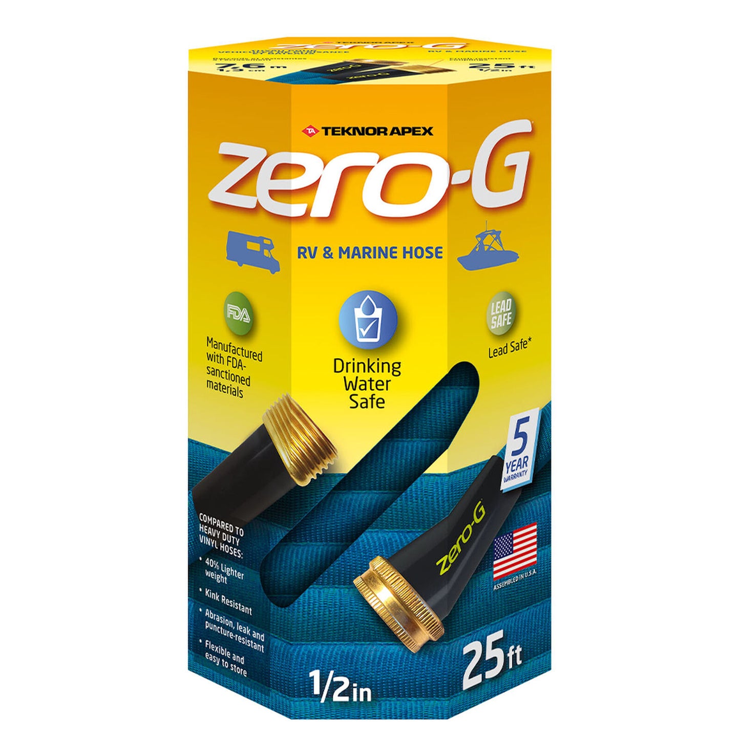 A yellow and blue box for the 25 ft Zero-G RV & Marine Hose by Shurhold Industries, Inc., a 1/2 collapsible hose with drinking water safe, lead safe icons, and a 5-year warranty label.