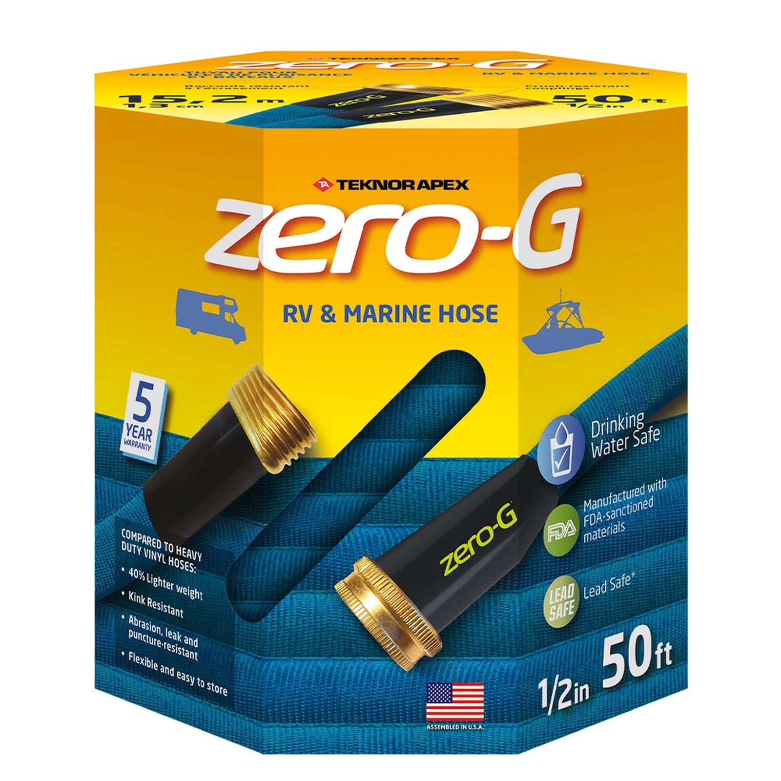 Shurhold Industries, Inc. 50 ft Zero-G RV & Marine Hose—1/2 blue hose with brass fittings; lightweight, durable, drinking water safe, kink resistant, and backed by a 5-year warranty. Ideal for RV and marine use.