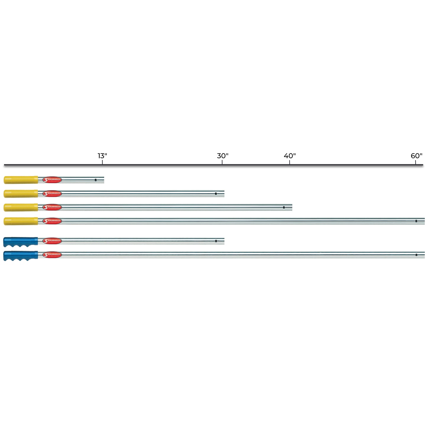 Six Shurhold Industries, Inc. Fixed Length Handles in yellow, blue, and red are lined up horizontally below a measuring line marked at 13, 30, 40, and 60.