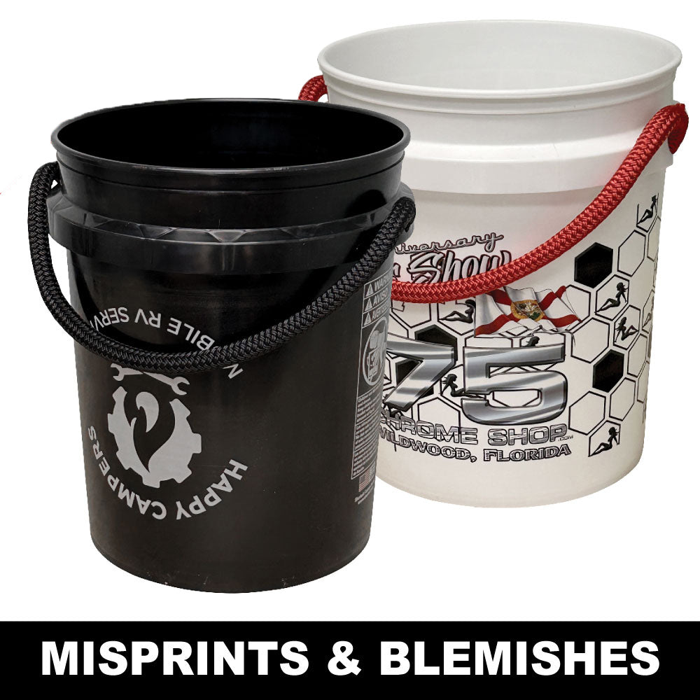 ONE SURPRISE BUCKET from Shurhold Industries, Inc. Features a rope handle with visible misprints or blemishes—colors may vary. Great value for practical use or creative storage. Text below reads: MISPRINTS & BLEMISHES.