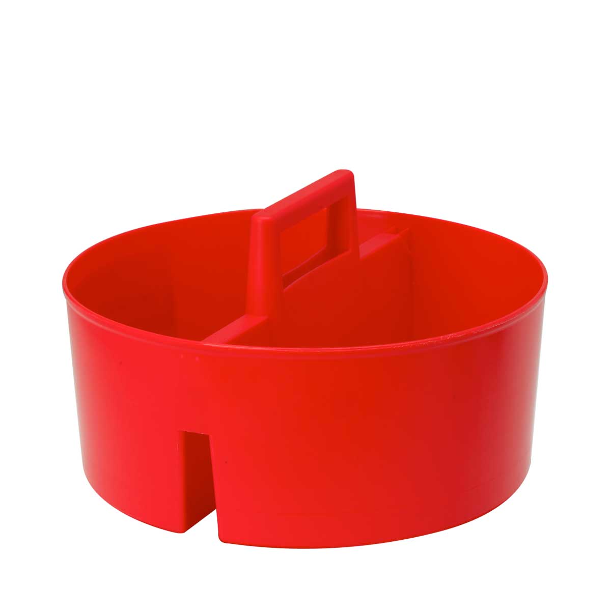 The Shurhold Industries, Inc. Bucket Caddy is a round red plastic organizer with a handle, internal divider, notched side, and perforated bottom for efficient gear storage.