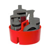 The Shurhold Industries, Inc. Bucket Caddy is a red plastic organizer with a perforated bottom that holds up to four car cleaning products—bottles and a spray container—making it perfect for keeping your gear organized.