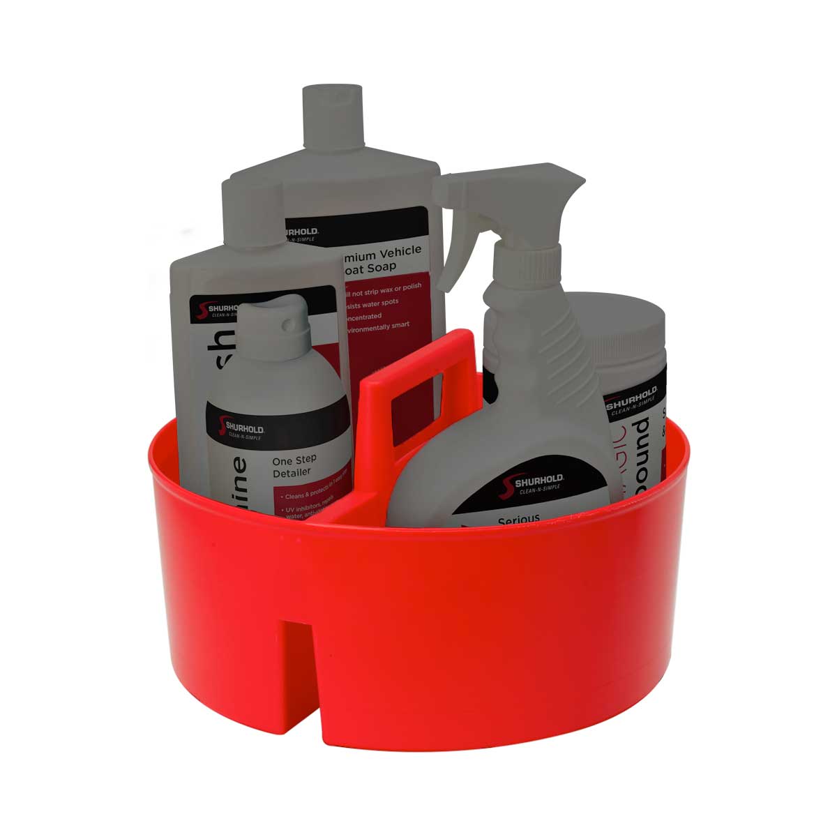 The Shurhold Industries, Inc. Bucket Caddy is a red plastic organizer with a perforated bottom that holds up to four car cleaning products—bottles and a spray container—making it perfect for keeping your gear organized.