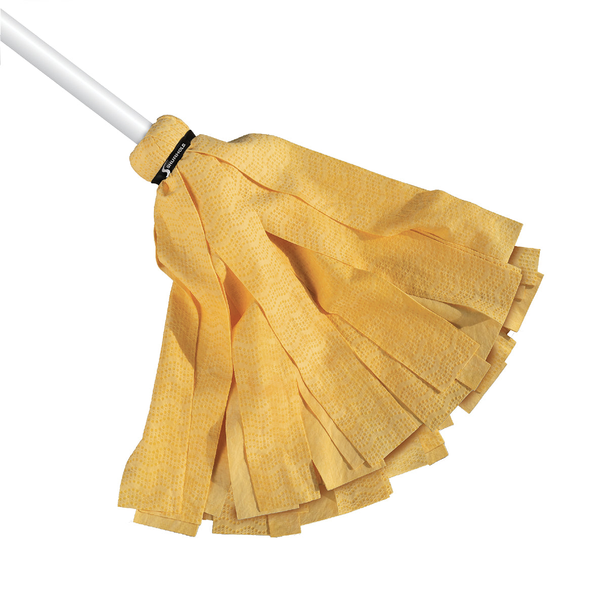 The Wave Mop XL on Wooden Handle by Shurhold Industries, Inc. is a yellow strip mop with wide, flat synthetic strips for maximum absorption and effective floor cleaning.