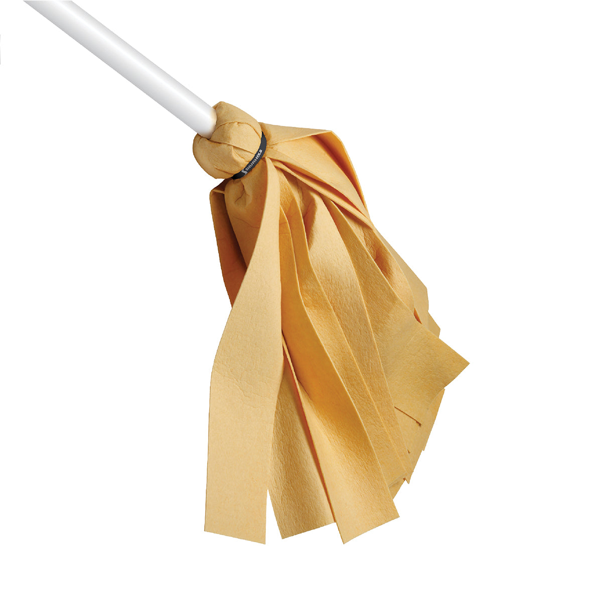 A close-up of a Shurhold Industries, Inc. Water Sprite Deck Mop shows its yellow flat strips for superior absorption, attached to a white handle.