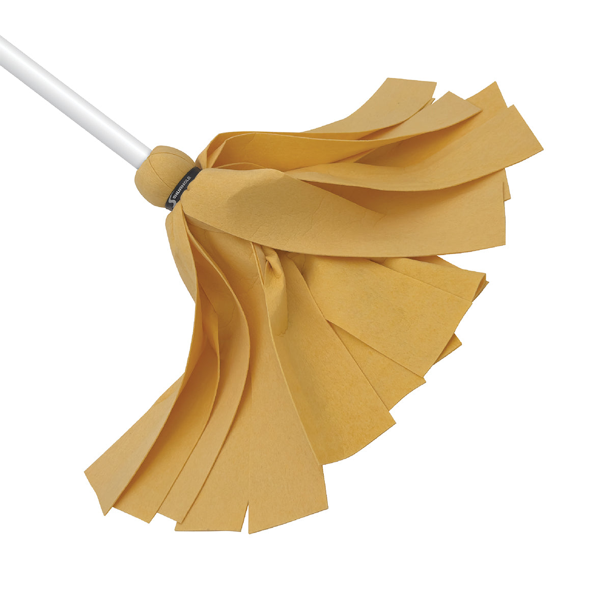 A close-up of a yellow XL Water Sprite Deck Mop head by Shurhold Industries, Inc., featuring wide, flat absorbent PVA strips and a white handle, isolated on a white background.