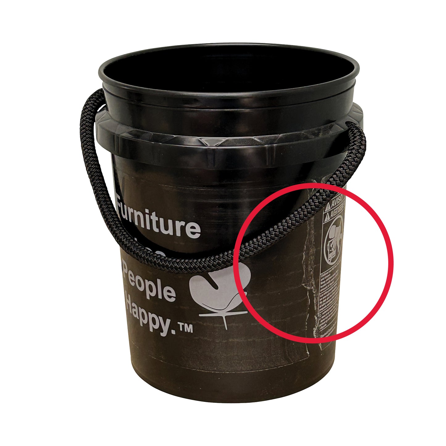 The SURPRISE BUCKET(2P) by Shurhold Industries, Inc. is a black bucket with a sturdy rope handle, bold white text, and a warning label highlighted by a red circle—an unbeatable value for versatile storage needs.