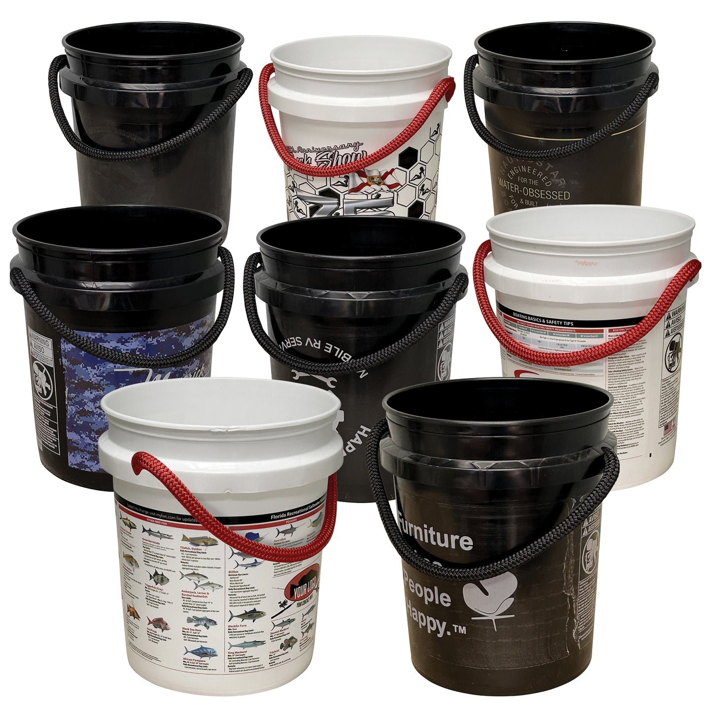 Seven plastic buckets, including the Shurhold Industries, Inc. ONE SURPRISE BUCKET, in black and white with red or black handles and unique designs, are arranged in two rows on a white background—delivering unbeatable value.