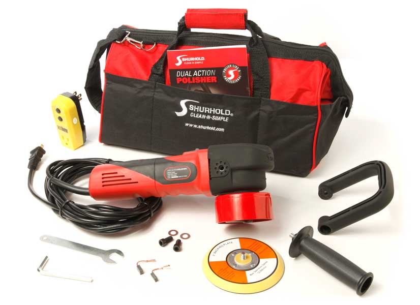 The Shurhold Industries, Inc. Dual Action Polisher Max Pack includes pro polish wax, a carrying bag, polisher, power cord, handle attachments, wrench tools, pad, and yellow power adapter—everything for boat restoration.