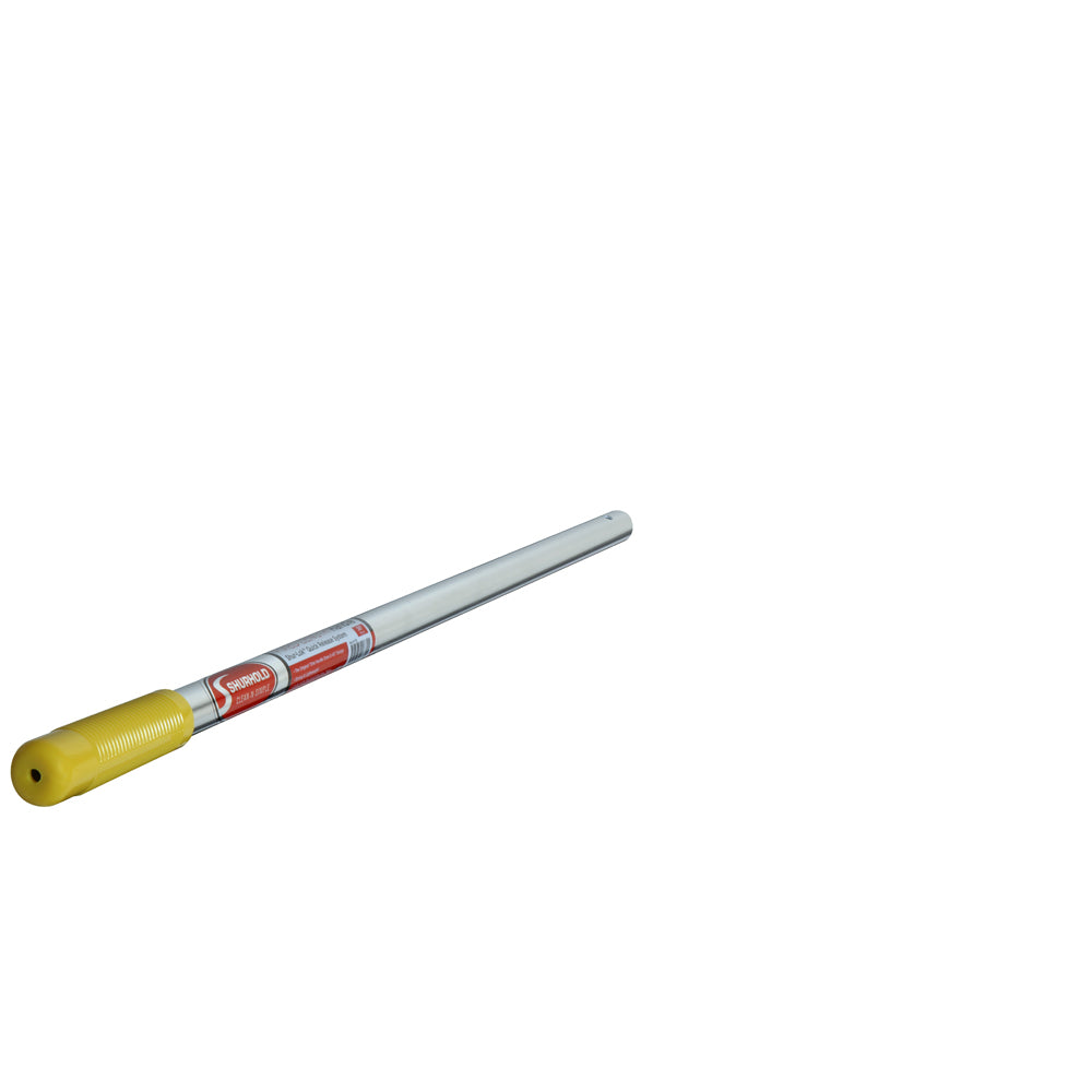 A Shurhold Industries, Inc. Fixed Length Handle with a corrosion-resistant metal shaft, yellow plastic handle, and SHUR-LOK system label is positioned diagonally against a white background.