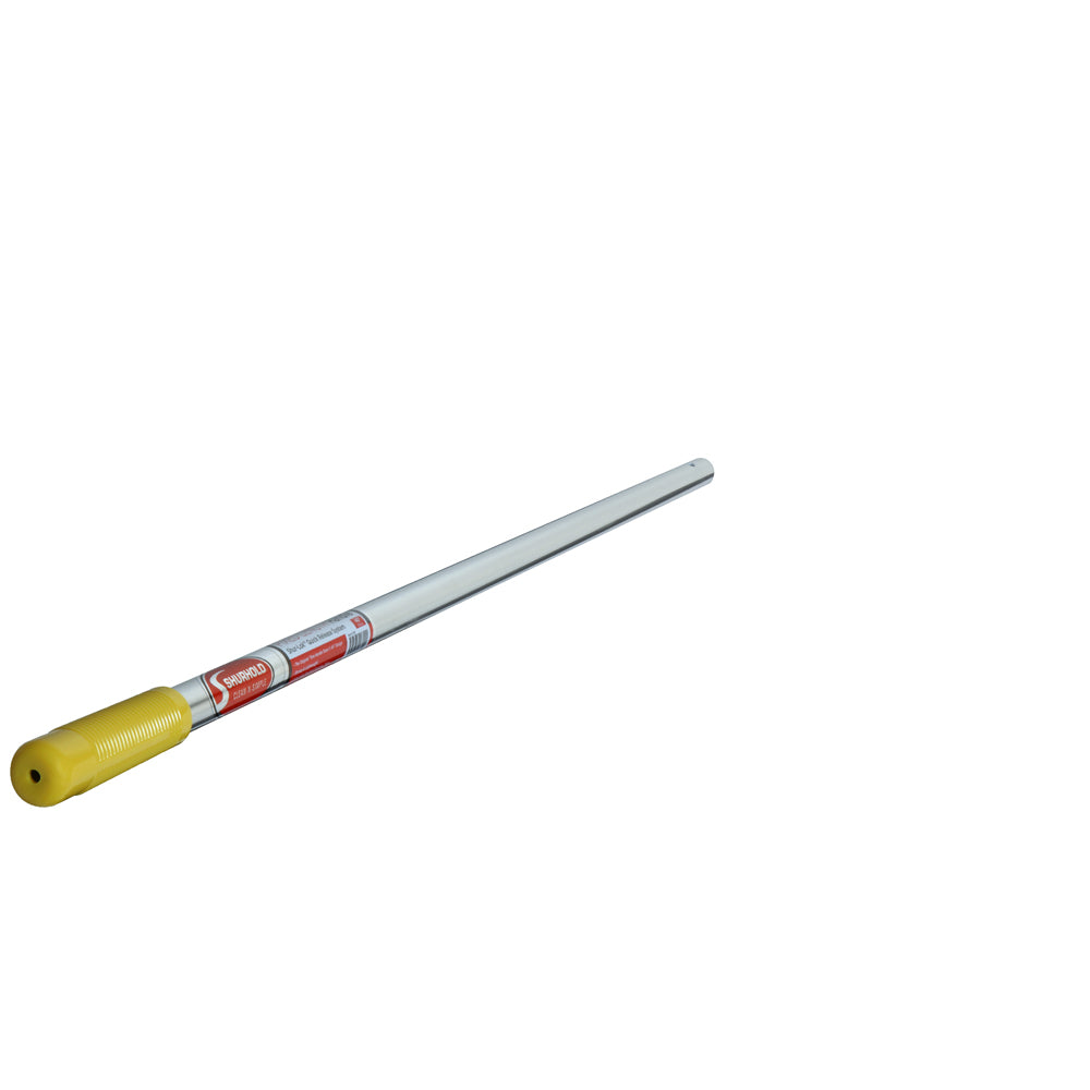 A corrosion-resistant Fixed Length Handle from Shurhold Industries, Inc., featuring the SHUR-LOK system and a yellow plastic grip with product label, is positioned diagonally on a white background.