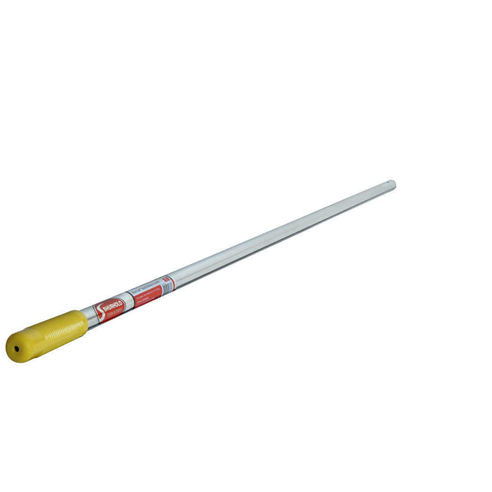A corrosion-resistant, silver-colored Fixed Length Handle by Shurhold Industries, Inc., with a yellow plastic grip and product label near the grip, isolated on a white background.