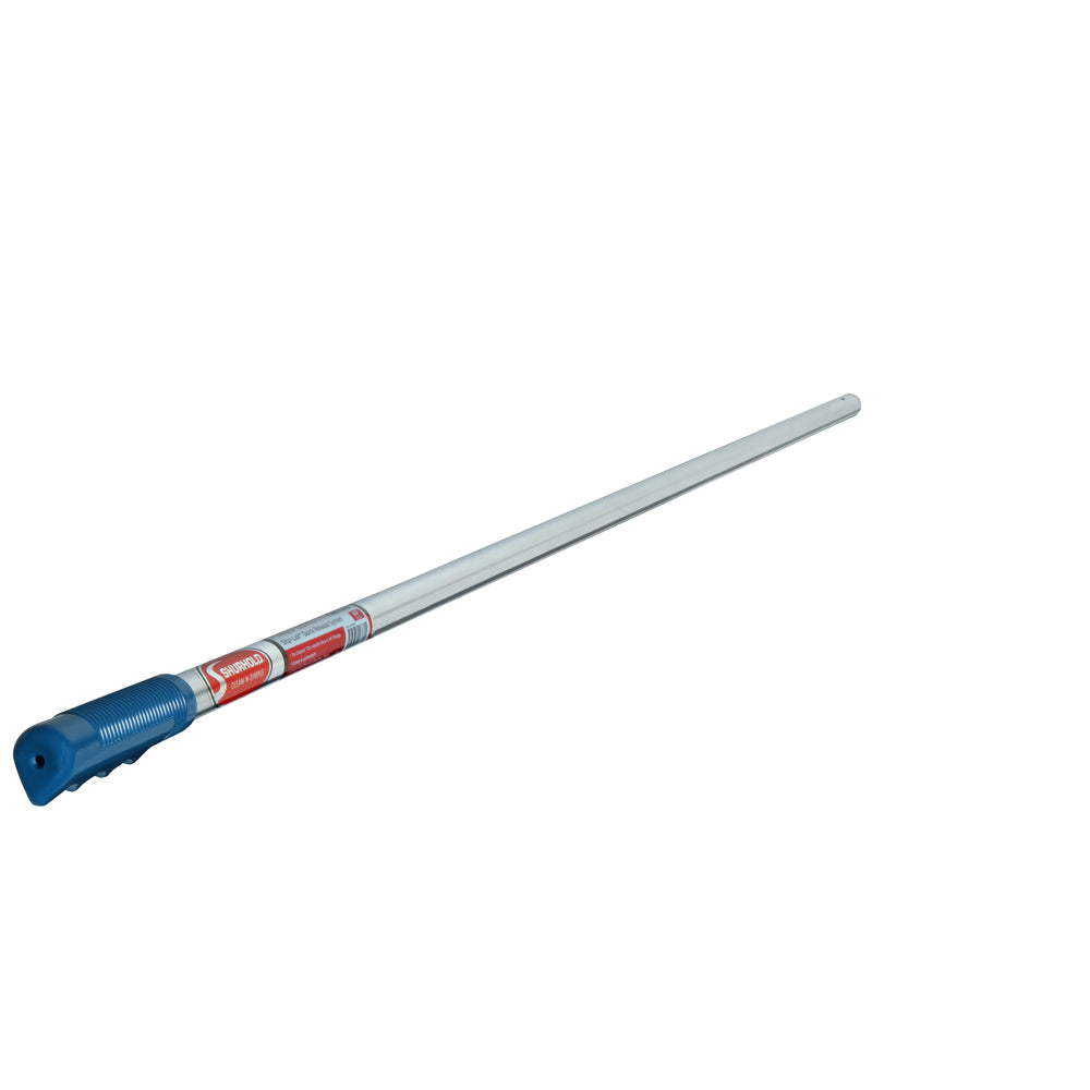 A silver, corrosion-resistant Fixed Length Handle by Shurhold Industries, Inc. features a blue plastic grip and red label, shown on a white background.