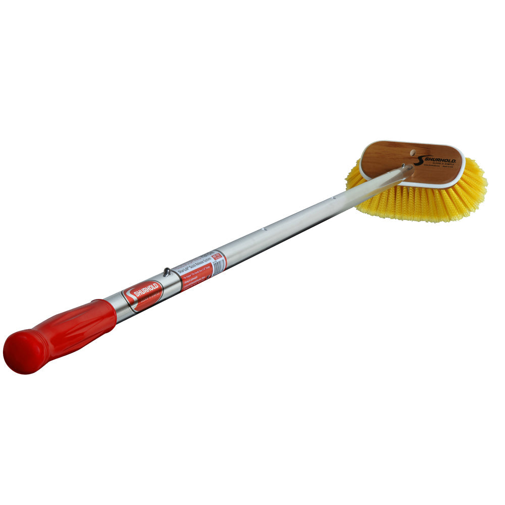 Shurhold Industries, Inc. Telescoping Handles feature a red plastic grip, corrosion-resistant aluminum handle, oval yellow bristle brush head, and SHUR-LOK quick-release for easy attachment and removal.