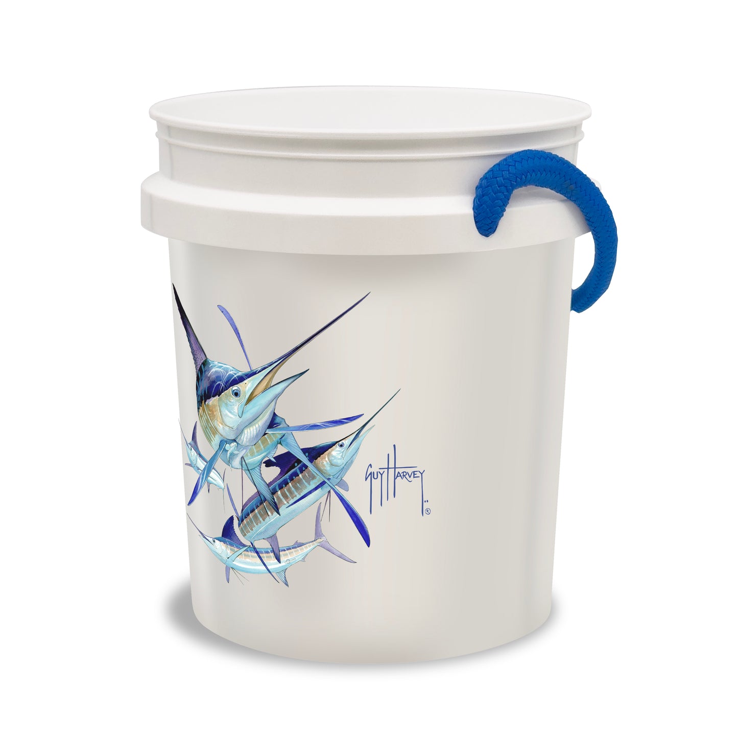 The Guy Harvey Grand Slam Bucket by Shurhold Industries, Inc. is a 5-gallon rope handle bucket featuring blue and silver marlin artwork and Guy Harvey’s signature on a white background.