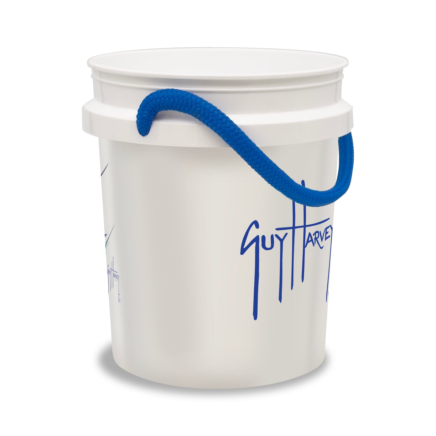 The Shurhold Industries, Inc. Guy Harvey Grand Slam Bucket is a white 5-gallon bucket with a rope handle and blue Guy Harvey text on the side, shown against a plain white background.