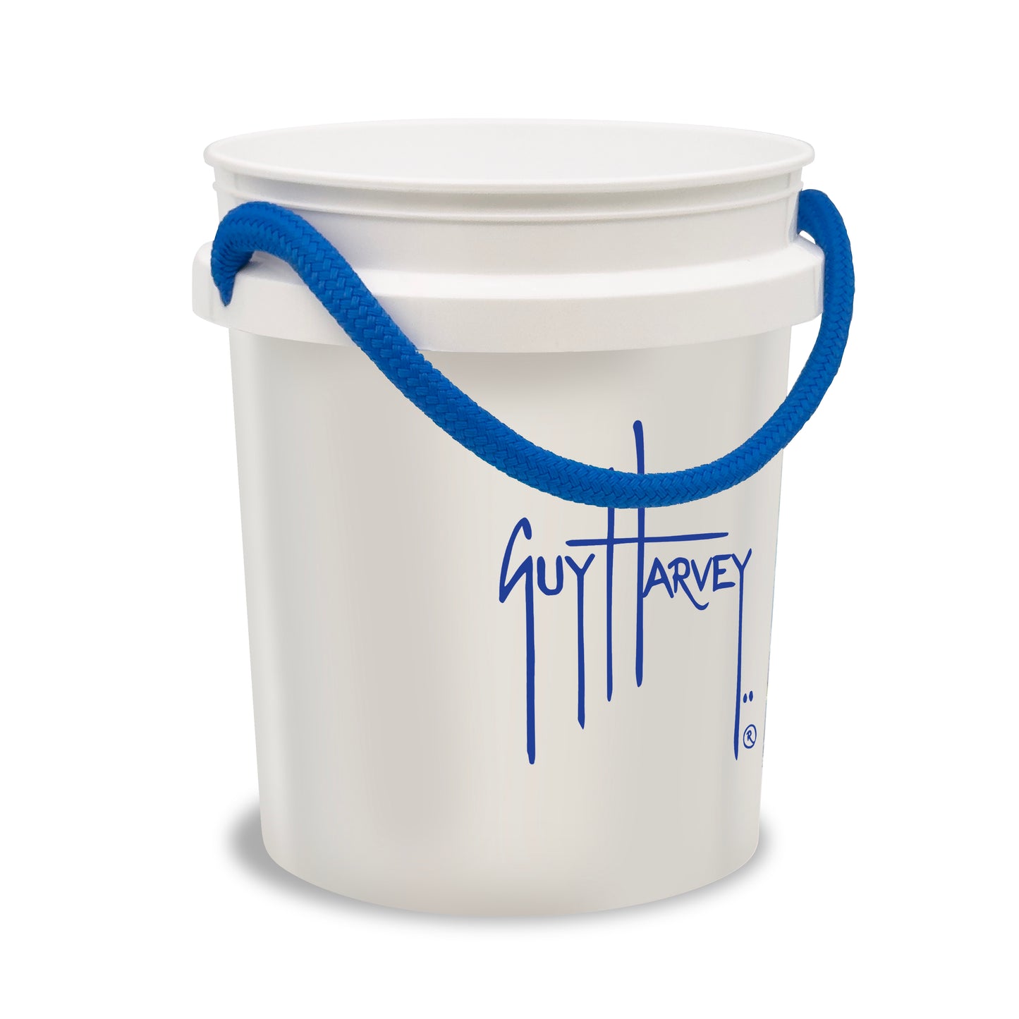 The Guy Harvey Grand Slam Bucket by Shurhold Industries, Inc. is a 5-gallon white plastic bucket with a rope handle, featuring Guy Harveys name in blue and iconic billfish artwork on the side.