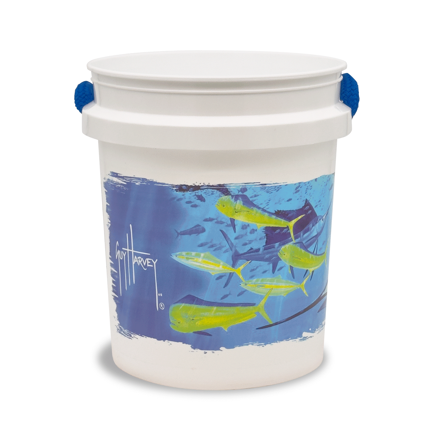 The Guy Harvey Marlin Bucket by Shurhold Industries, Inc. features a vibrant marlin design on a white 5-gallon bucket with a blue handle—ideal for your next marine adventure.