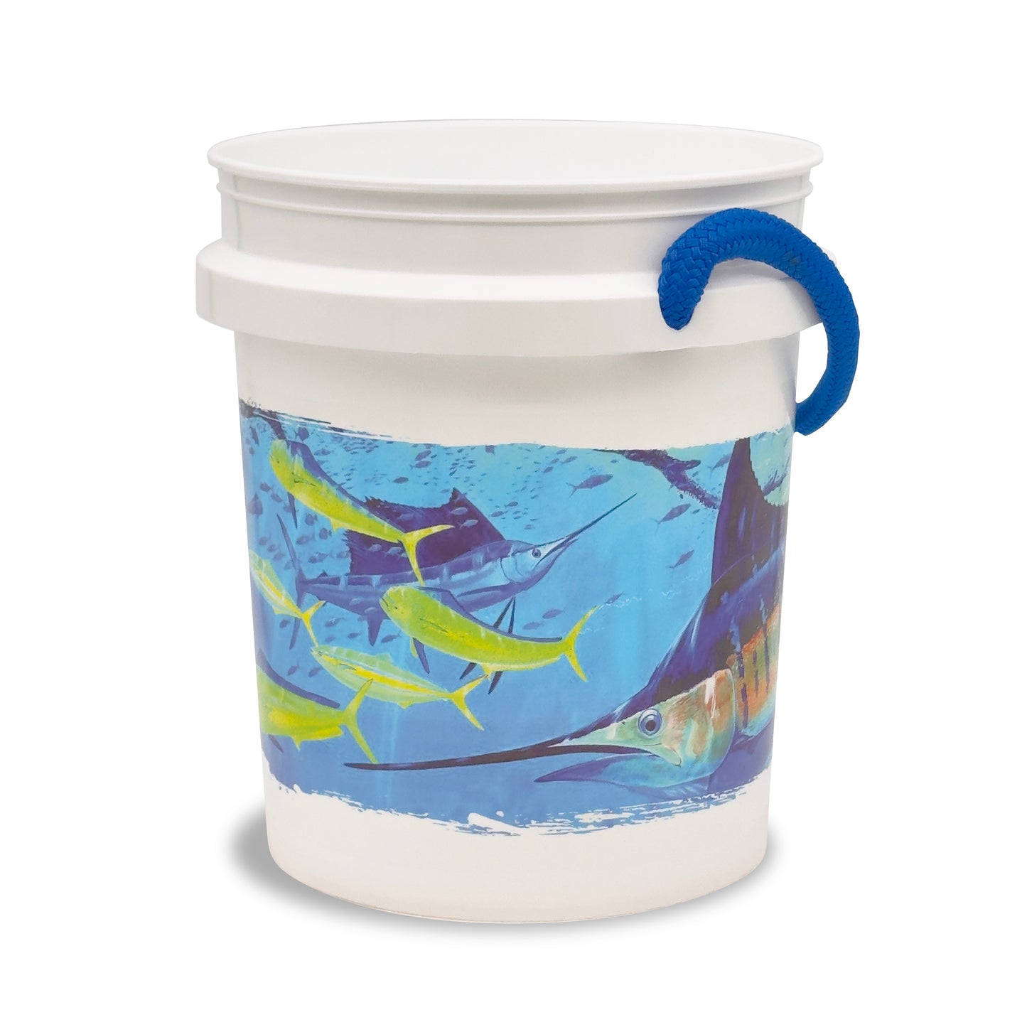 The Guy Harvey Marlin Bucket by Shurhold Industries, Inc. is a white 5-gallon bucket with a blue rope handle, featuring vibrant underwater artwork of a marlin and yellow fish—ideal for any marine adventure.