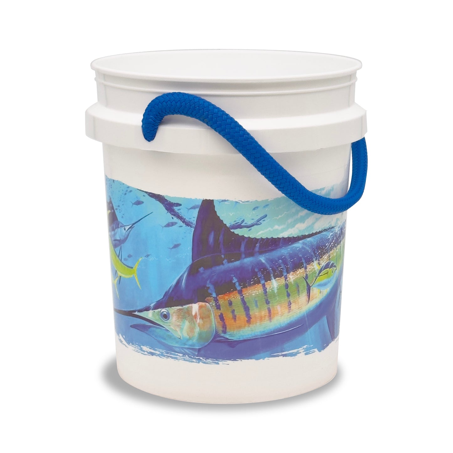 The Guy Harvey Marlin Bucket by Shurhold Industries, Inc. is a white plastic 5-gallon bucket with a blue rope handle and a vibrant marlin design—ideal for your next marine adventure.