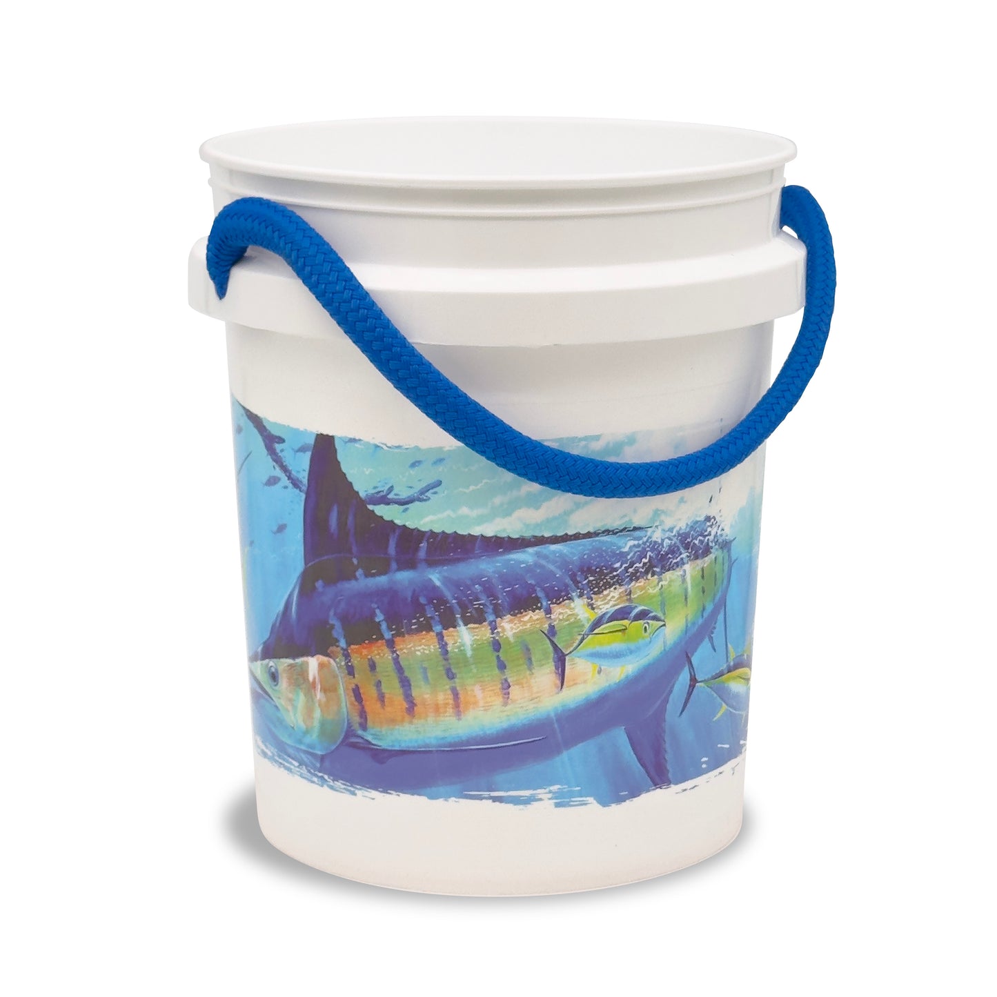 The Shurhold Guy Harvey Marlin Bucket is a white 5-gallon bucket with a blue rope handle, featuring a vivid marlin design—ideal for your next marine adventure.