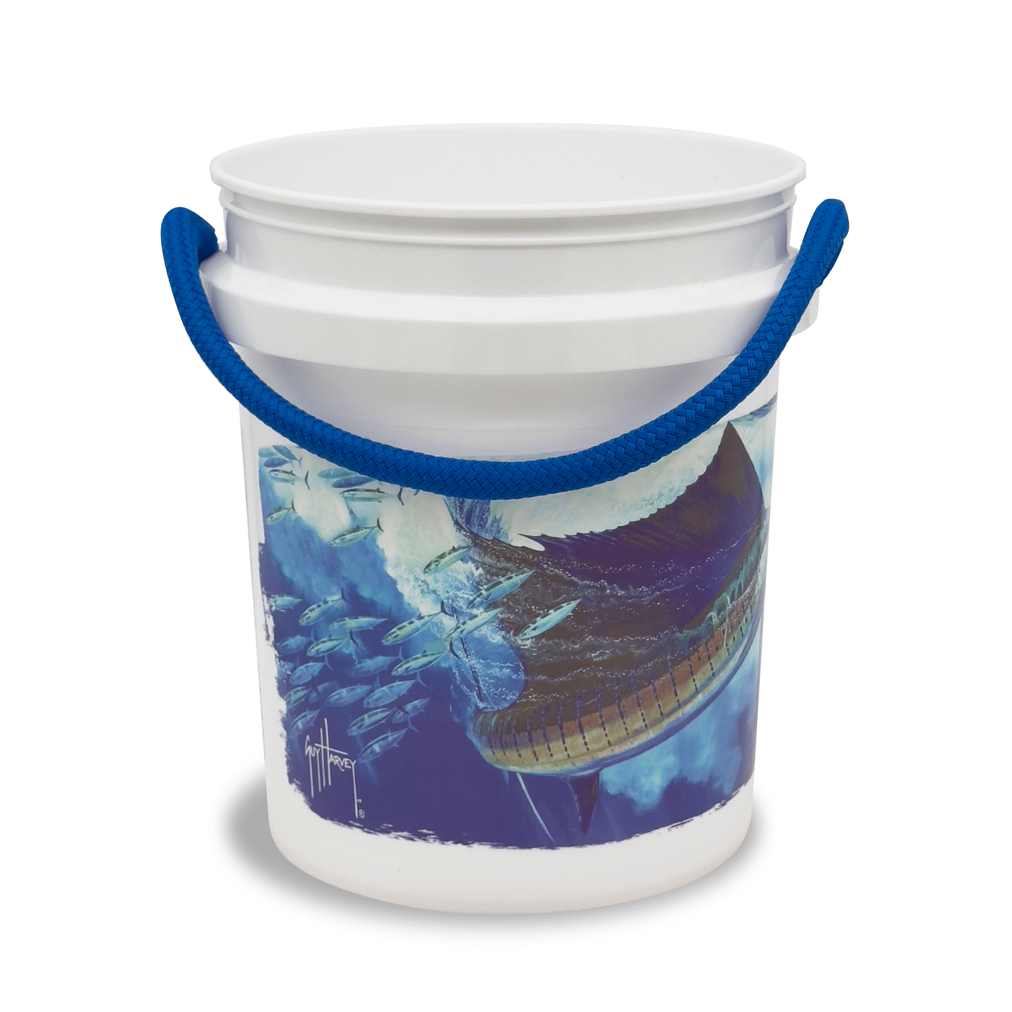 The Guy Harvey Sailfish Bucket by Shurhold Industries, Inc. is a white 5-gallon bucket with a blue rope handle and an eye-catching sailfish design—ideal for boating adventures.