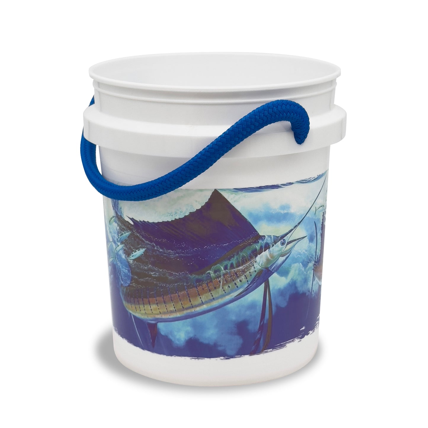 The Guy Harvey Sailfish Bucket by Shurhold Industries, Inc. is a white plastic 5-gallon bucket with a blue rope handle, marlin fish and ocean waves design—perfect for boating and inspired by the iconic Guy Harvey sailfish.