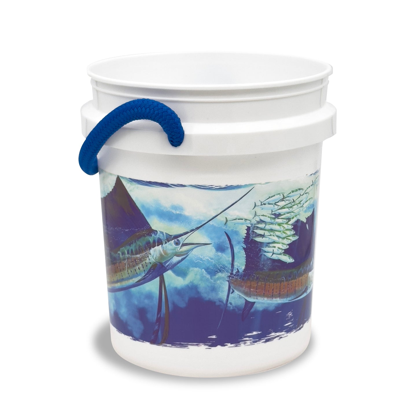 The Guy Harvey Sailfish Bucket by Shurhold Industries, Inc. is a white 5-gallon bucket with a blue handle, featuring a vivid sailfish design—ideal for boating adventures.