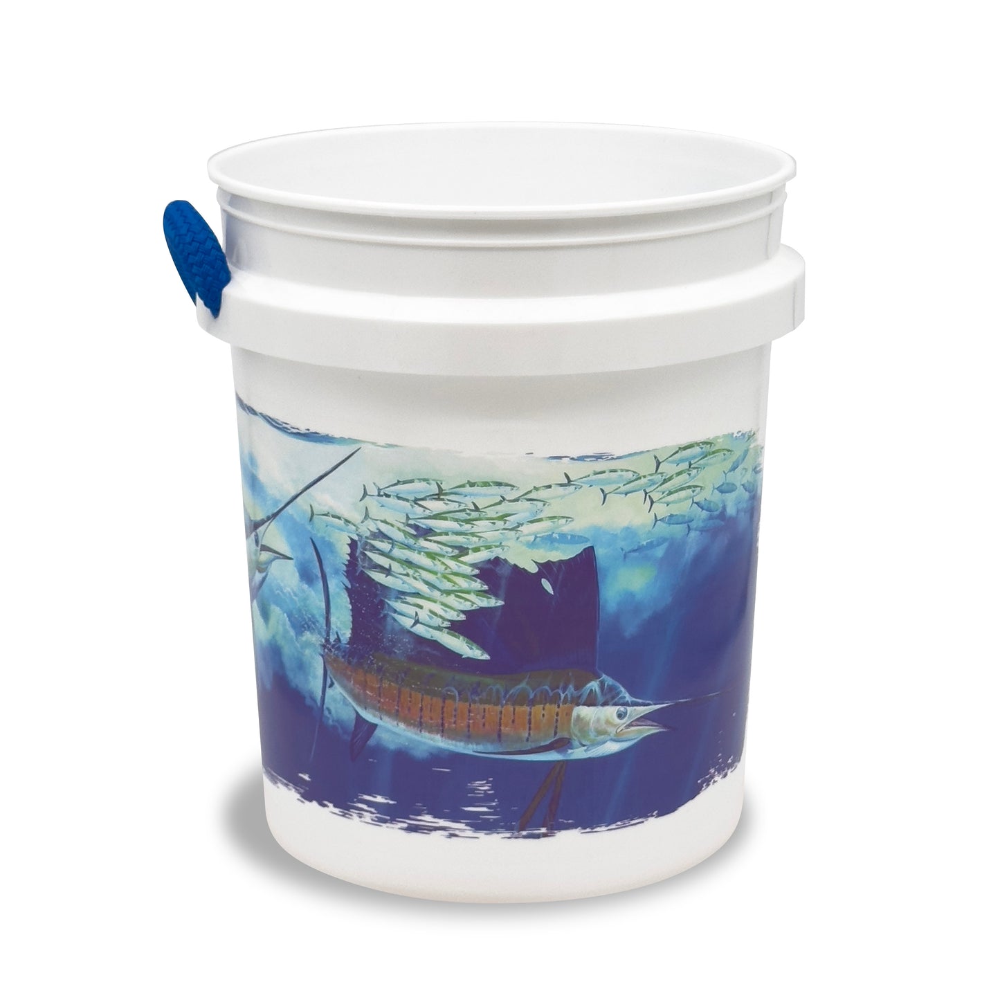 The Guy Harvey Sailfish Bucket by Shurhold Industries, Inc. is a white 5-gallon bucket featuring a vivid sailfish, marlin, and school of fish design—ideal for your boating adventures.