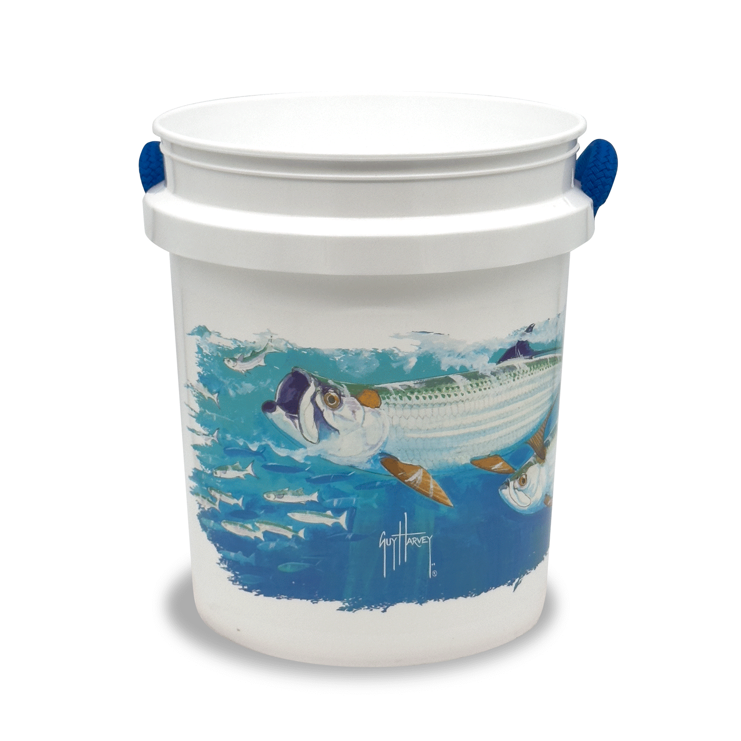 The Guy Harvey Tarpon Bucket by Shurhold Industries, Inc. features marine-grade durability and a vibrant Tarpon design with large and small fish plus the artist’s signature.